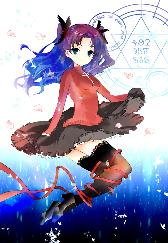 1girl, black_legwear, blue_eyes, blue_hair, fate/stay_night, fate_(series), hair_ribbon, high_heels