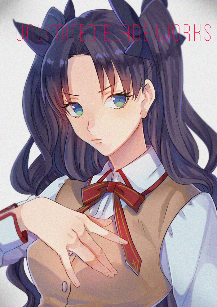 1girl, black_hair, blue_eyes, fate/stay_night, fate_(series), hair_ribbon, long_hair, ribbon