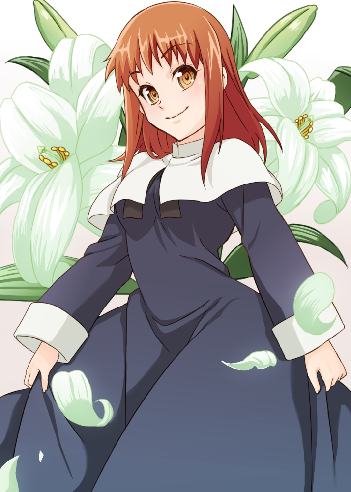 1girl, dairii, emiya_shirou, fate/stay_night, fate_(series), flower, genderswap, habit, lily_(flower), nun, orange_hair, shirouko, solo, yellow_eyes