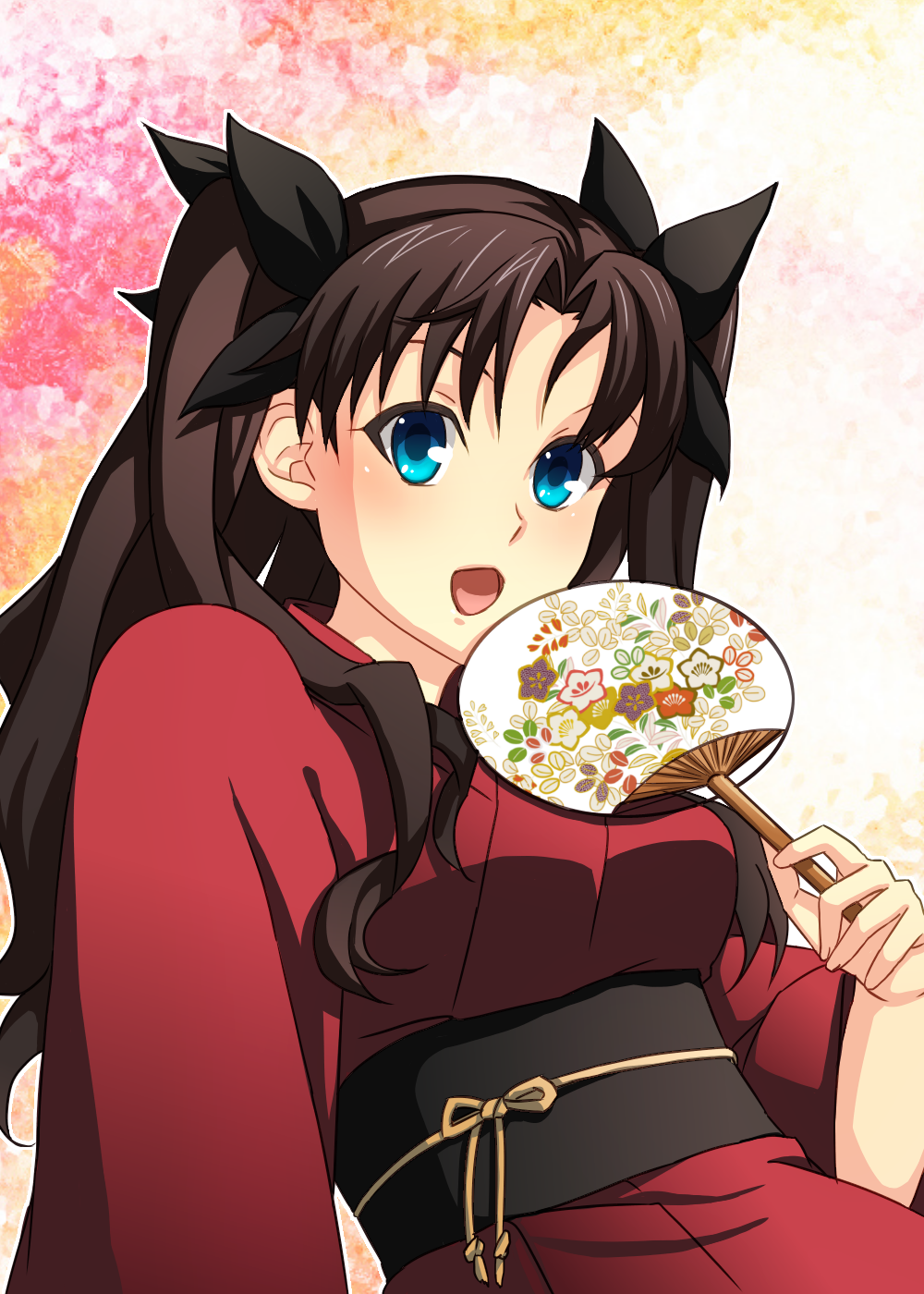1girl, black_hair, blue_eyes, brown_hair, dairii, fan, fate/stay_night, fate_(series)