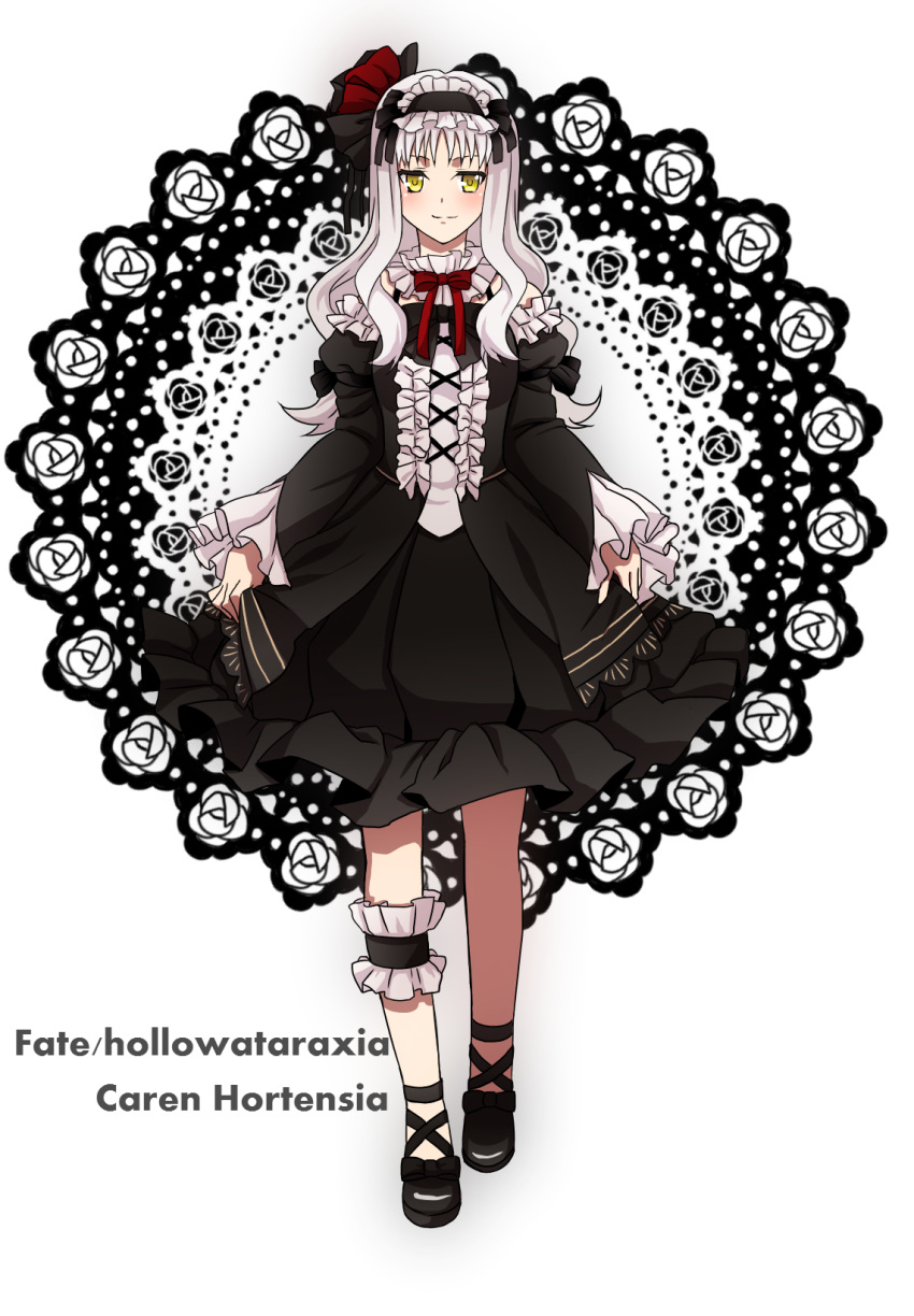 1girl, blush, caren_hortensia, dairii, doily, fate/hollow_ataraxia, fate_(series), frilled_skirt, frills, gothic_lolita, highres, lolita_fashion, long_hair, skirt, skirt_hold, solo, white_hair, yellow_eyes
