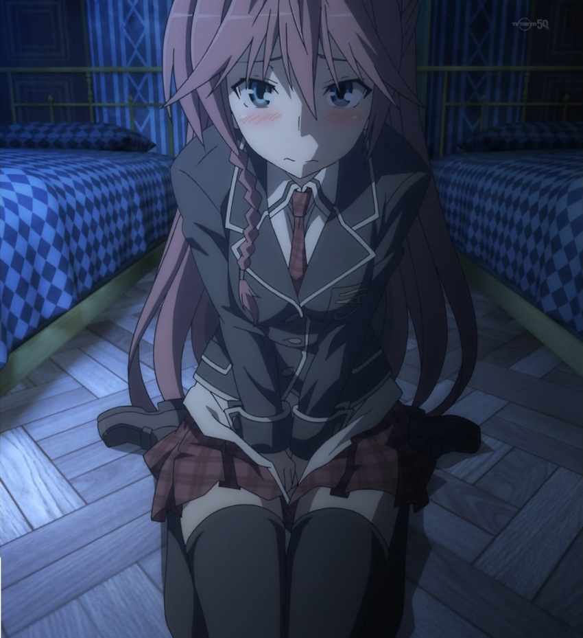 asami_lilith, bedroom, blue_eyes, female, highres, long_hair, pleated_skirt, redhead