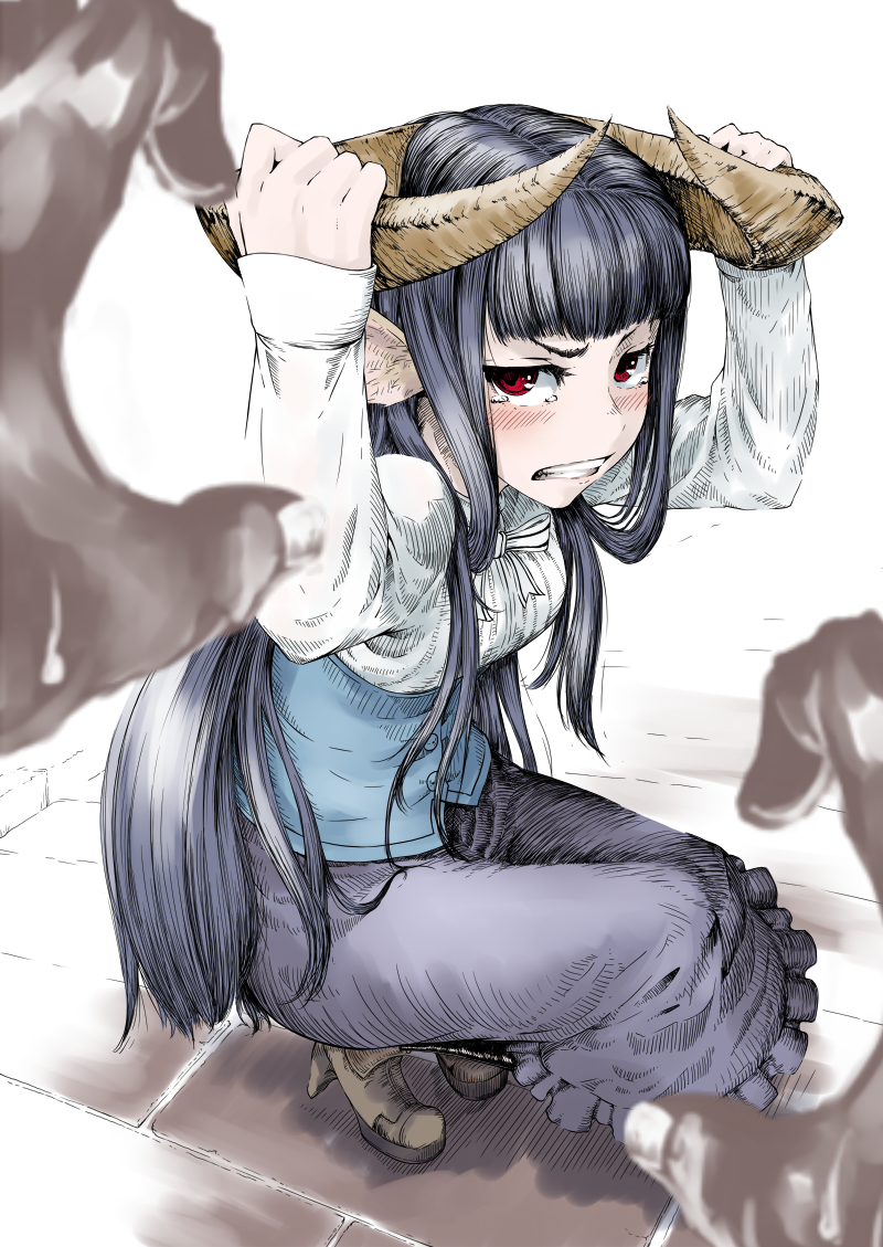 1girl, angry, black_hair, blush, boots, bow, high_heel_boots, high_heels