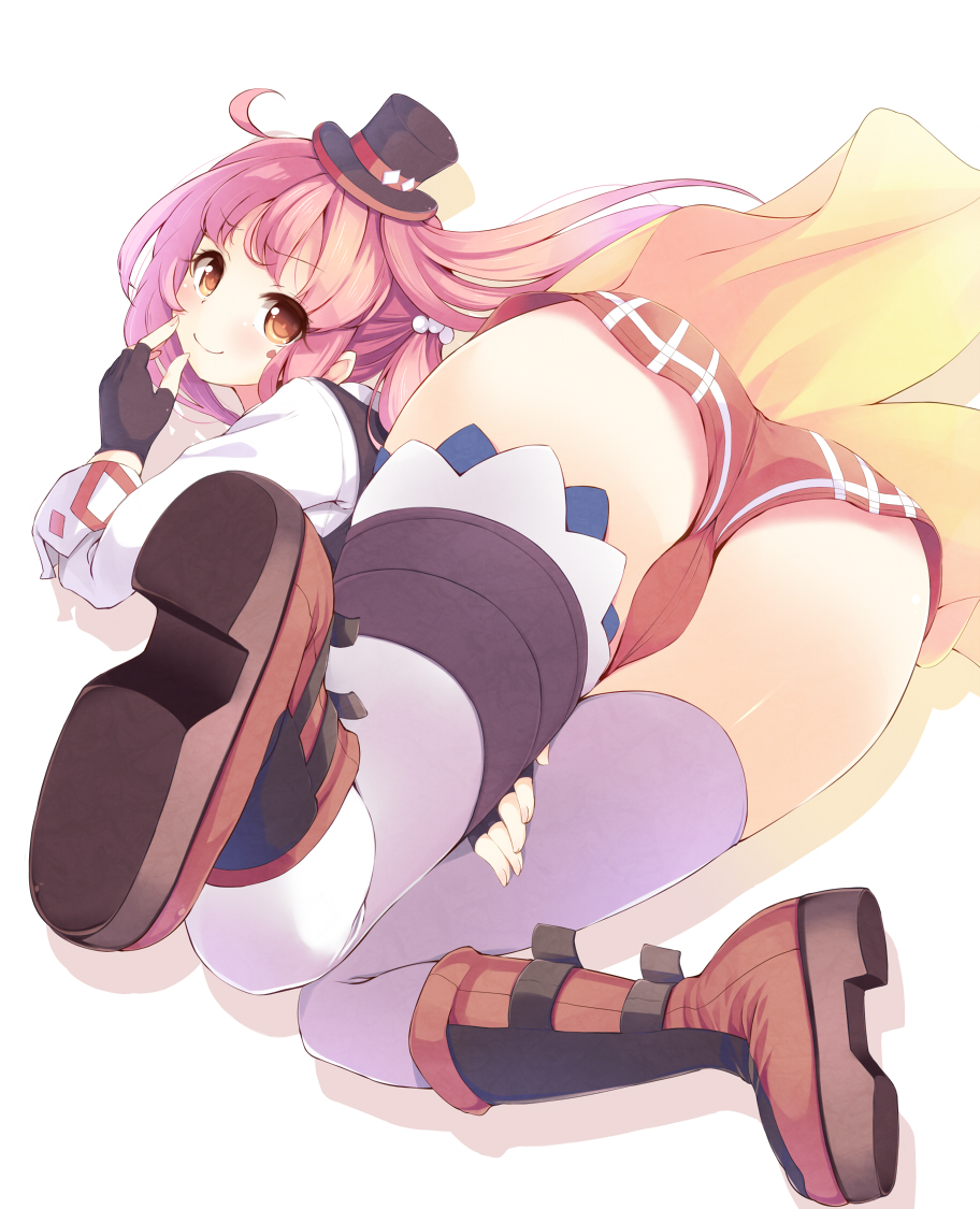 1girl, ass, blush, boots, brown_eyes, facial_tattoo, fingerless_gloves, from_behind, gloves, hair_bobbles, hair_ornament, hat, heart, heart_tattoo, komone_ushio, log_horizon, looking_back, pink_hair, purple_legwear, short_shorts, shorts, smile, solo, tattoo, tetra_(log_horizon), thigh-highs