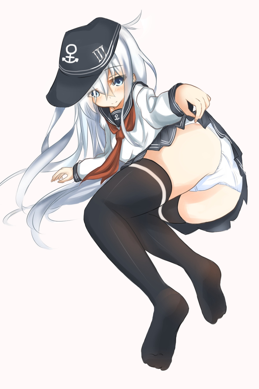 1girl, ass, black_legwear, blue_eyes, eve_(kenzen), hat, hibiki_(kantai_collection), highres, kantai_collection, long_hair, neckerchief, panties, school_uniform, serafuku, silver_hair, skirt, skirt_lift, smile, solo, thigh-highs, underwear