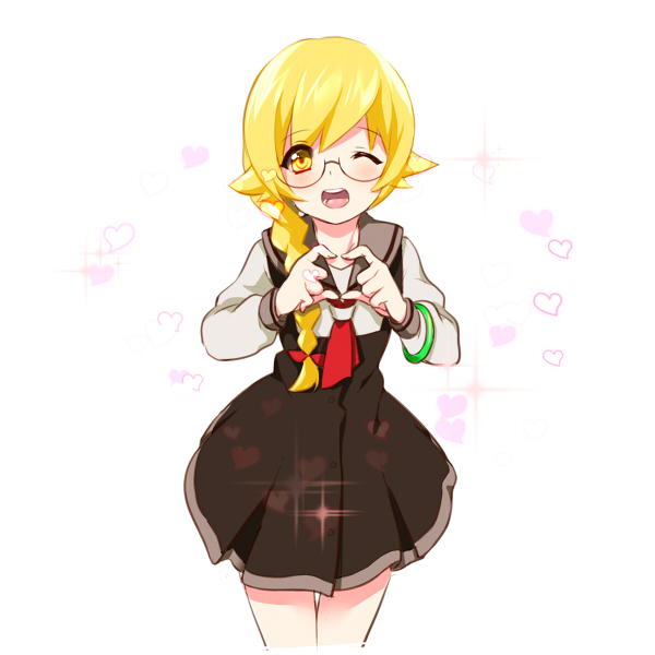 1girl, blonde_hair, braid, fang, glasses, heart, heart_hands, long_hair