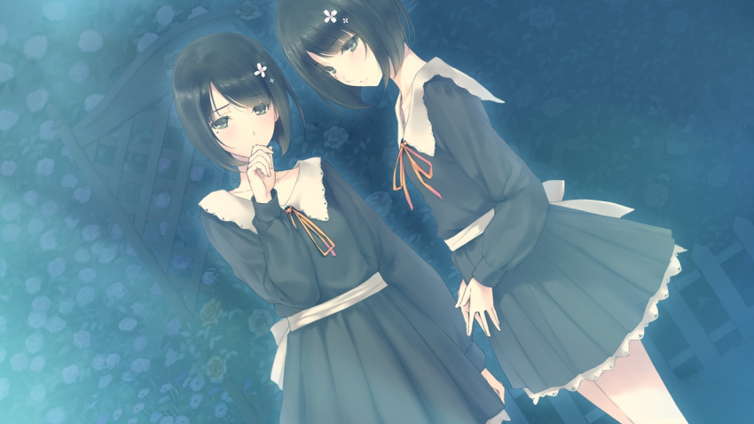 2girls, biting, black_dress, black_eyes, black_hair, bob_cut, dark, dress