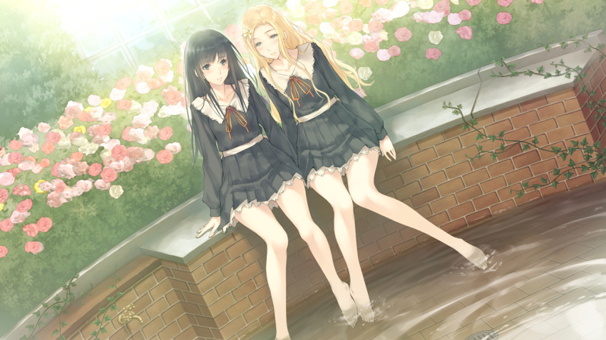 2girls, bare_legs, barefoot, black_dress, black_hair, blonde_hair, blush, brick