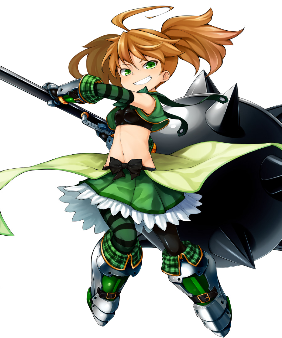 1girl, ahoge, dina_(sennen_sensou_aigis), gauntlets, greaves, green_eyes, grin, looking_at_viewer, midriff, orange_hair, sakumo_(karatama), sennen_sensou_aigis, sitting, skirt, smile, solo, striped, striped_legwear, twintails