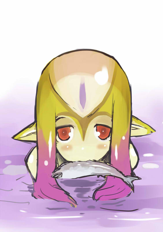 dowman_sayman, fish, monster_girl, mouth_hold, mutio, red_eyes
