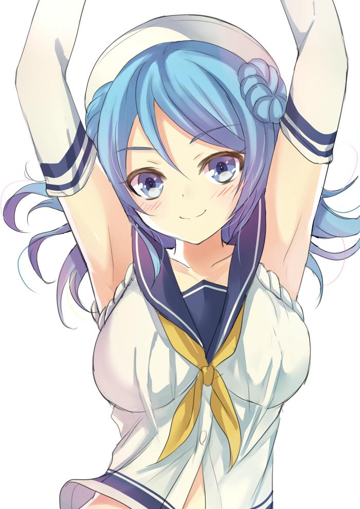 1girl, armpits, arms_up, bare_shoulders, blue_eyes, blue_hair, breasts, double_bun