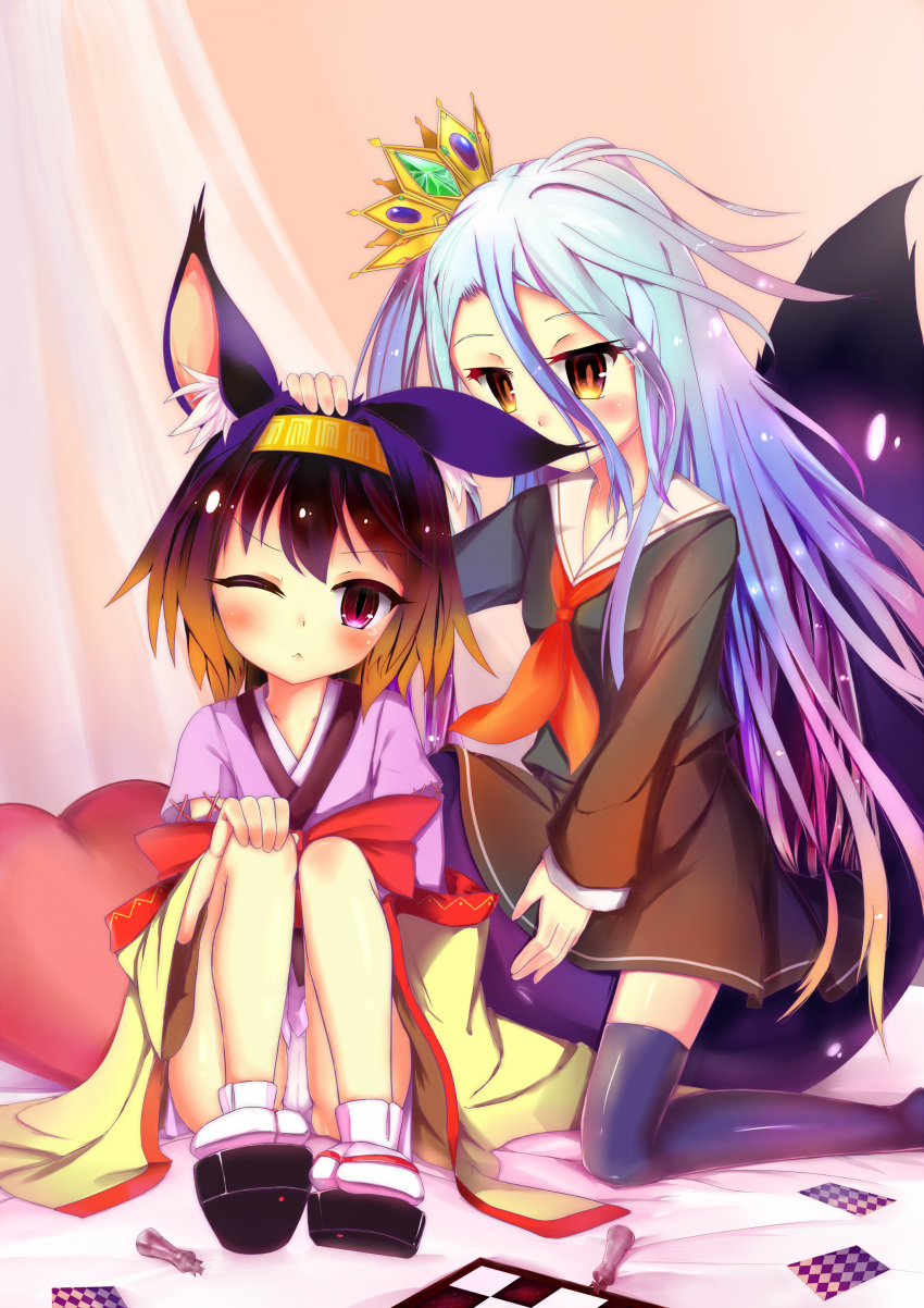 2girls, ;<, absurdres, animal_ears, card, chess_piece, chessboard, crown