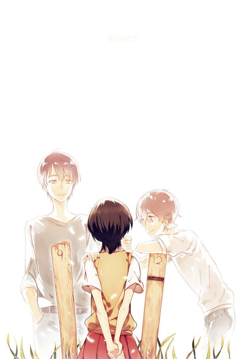 1girl, 2boys, black_hair, brown_hair, grave, mishima_lisa, multiple_boys, nine_(zankyou_no_terror), school_uniform, short_hair, spoilers, sweater_vest, twelve_(zankyou_no_terror), wan_(waname), zankyou_no_terror