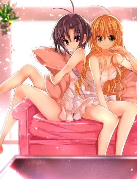 2girls, black_eyes, black_hair, blonde_hair, breasts, cleavage, dress, green_eyes, hoshii_miki, idolmaster, kikuchi_makoto, long_hair, multiple_girls, nekoboshi_sakko, pillow, pillow_hug, revision, short_hair, sitting, smile, white_dress