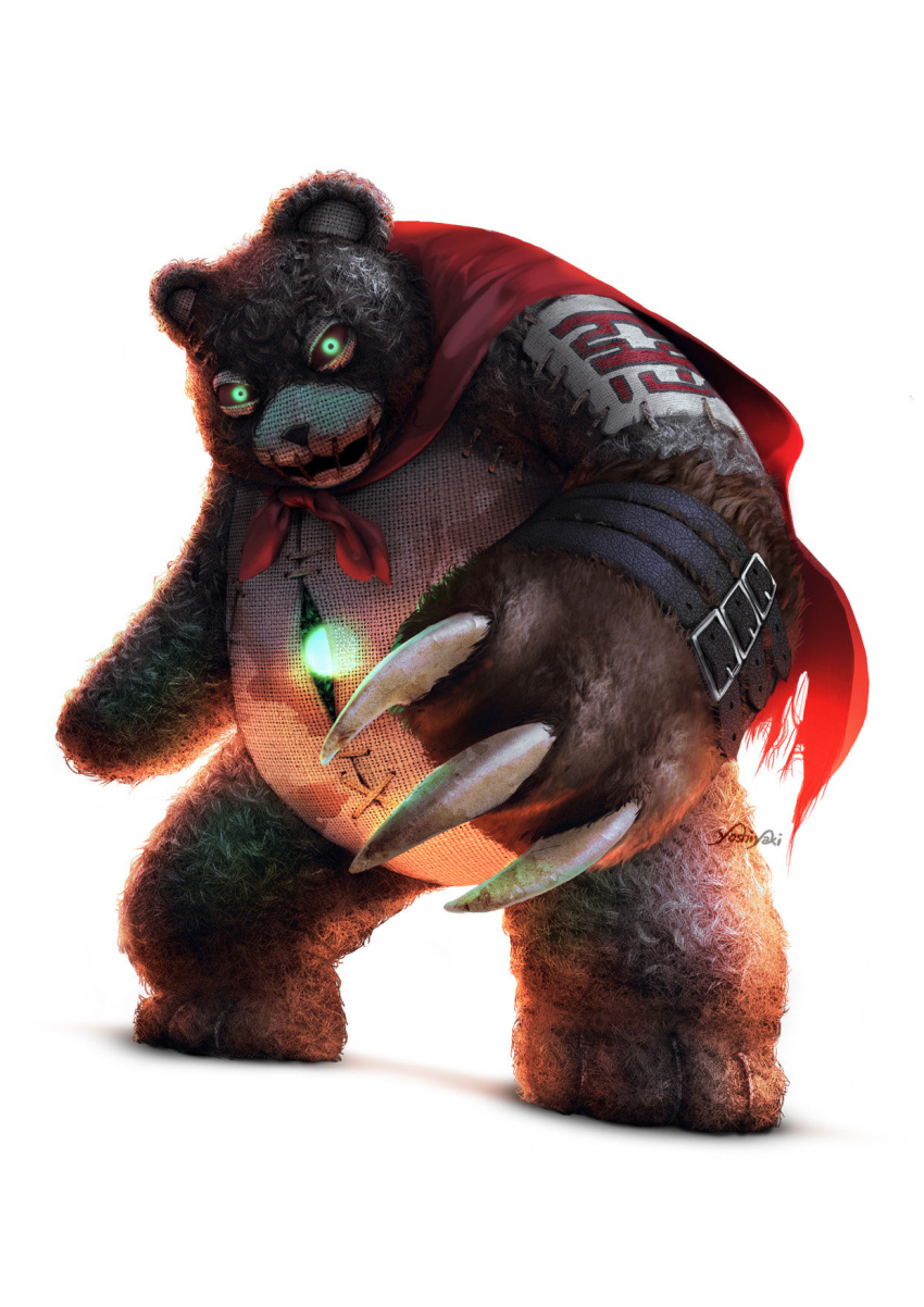 cape, cassio_yoshiyaki, claws, digimon, glowing, glowing_eyes, green_eyes, highres, red_sclera, signature, solo, stuffed_animal, stuffed_toy, teddy_bear, warumonzaemon