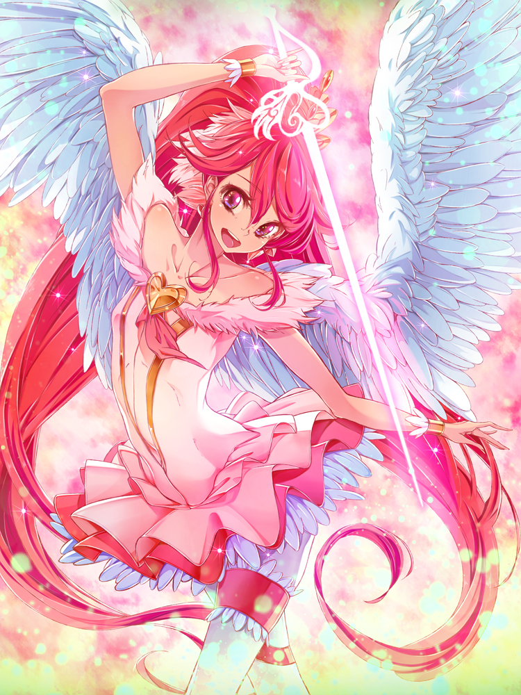 1girl, :d, aino_megumi, angel_wings, bare_shoulders, brooch, collarbone, cure_lovely
