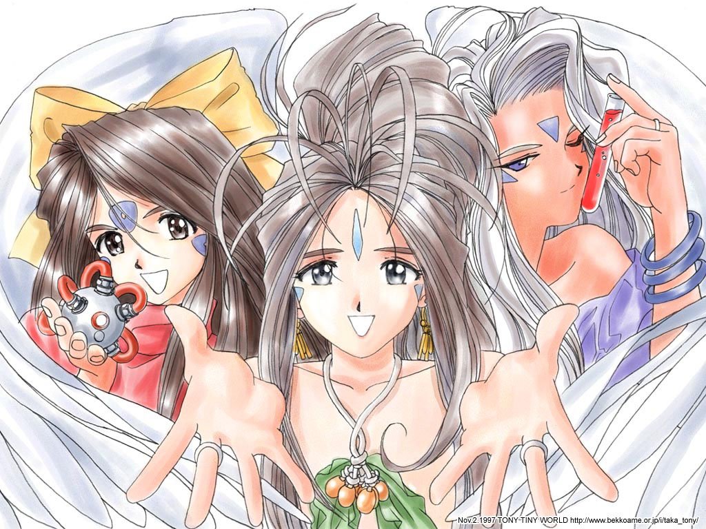 1997, 3girls, :d, aa_megami-sama, bare_shoulders, belldandy, blue_eyes, bracelet