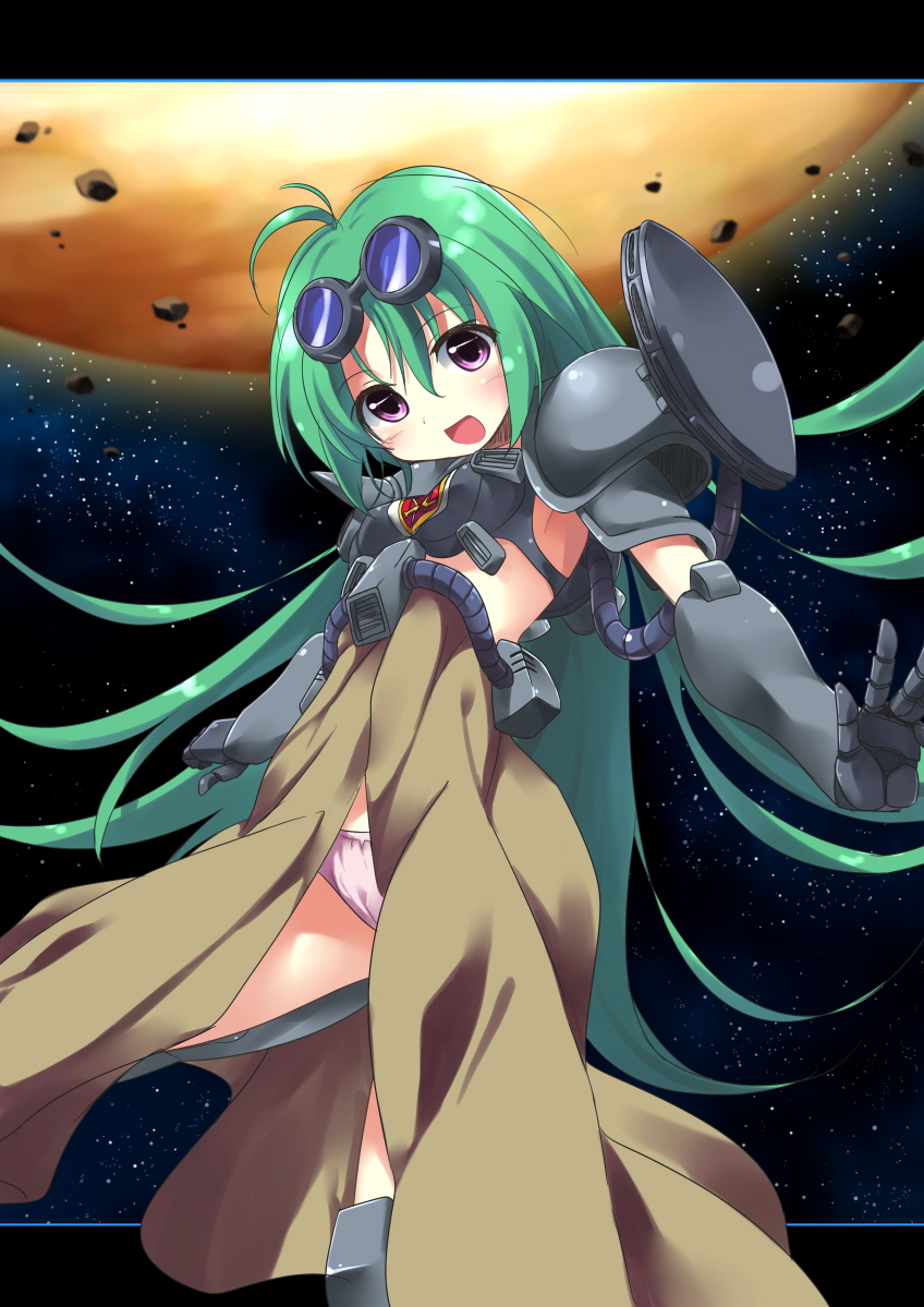 1girl, armor, crossbone_gundam, electriccross, goggles, goggles_on_head, green_hair, gundam