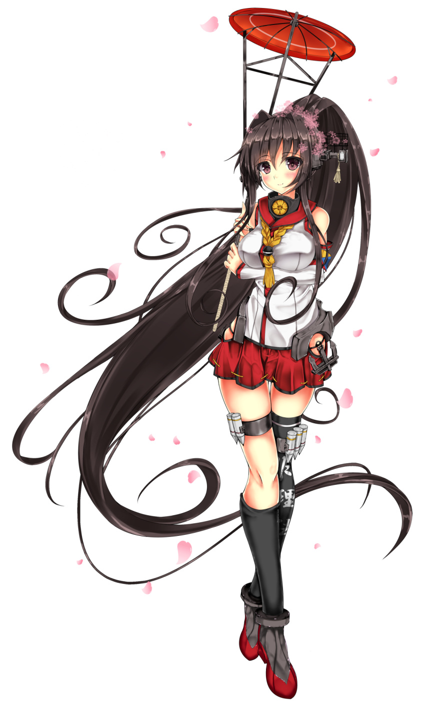 1girl, absurdly_long_hair, anchor, black_hair, black_legwear, blush, breast_hold, breasts, brown_eyes, cherry_blossoms, elbow_gloves, facing_viewer, flower, full_body, gloves, hair_flower, hair_ornament, haruno_nanakusa, headgear, highres, holding, kantai_collection, kneehighs, large_breasts, long_hair, looking_at_viewer, oriental_umbrella, petals, pleated_skirt, ponytail, red_skirt, simple_background, single_kneehigh, single_thighhigh, skirt, smile, solo, standing, thigh-highs, thigh_strap, type_91_armor-piercing_shell, umbrella, very_long_hair, white_background, white_gloves, yamato_(kantai_collection)