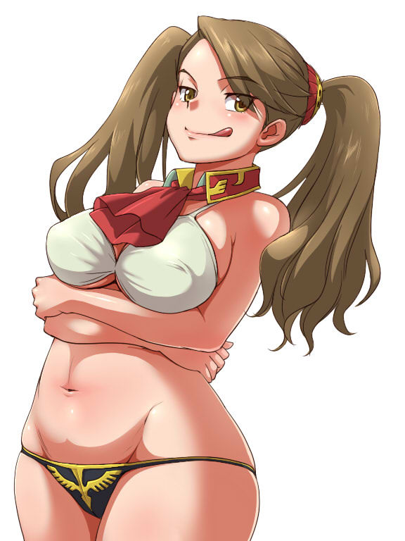 1girl, bikini, breasts, brown_eyes, brown_hair, cravat, crossed_arms, detached_collar