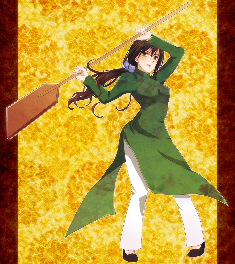 bad_id, brown_eyes, brown_hair, flats, flower, hair_flower, hair_ornament, kanameyura, long_hair, oar, ponytail, rice_paddle, side_slit, solo, vietnam_(hetalia), vietnamese_dress