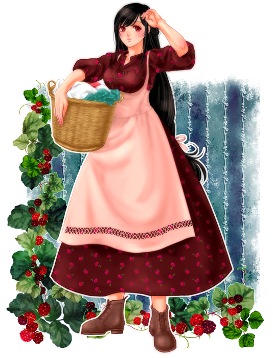 1girl, apron, basket, black_hair, blush, boots, breasts, dress