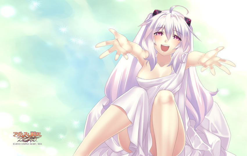 1girl, 2010, :d, agarest_senki_(series), agarest_senki_zero, ahoge, aqua_background, company_name, copyright_name, happy, highres, hirano_katsuyuki, long_hair, mimel_(agarest_senki_zero), naked_towel, open_mouth, outstretched_hand, smile, solo, towel, violet_eyes, white_hair