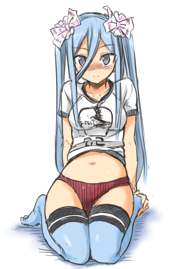 1girl, aoki_hagane_no_arpeggio, arpeggio_of_blue_steel, blue_eyes, blue_hair, long_hair, morino_harifu, navel, seiza, short_shorts, shorts, sitting, takao_(aoki_hagane_no_arpeggio), thigh-highs, twintails