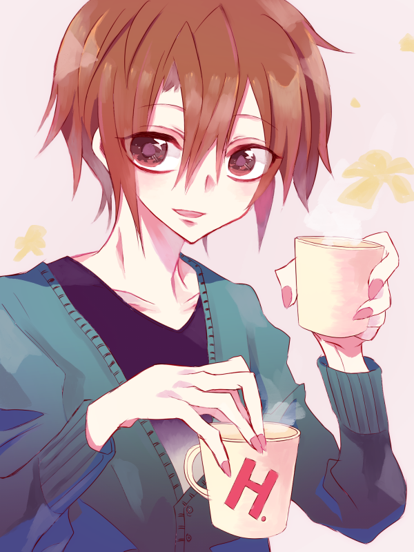 1boy, brown_eyes, brown_hair, cardigan, confure, cup, koizumi_itsuki, mug