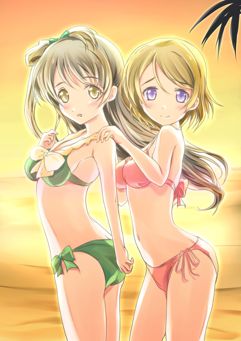 1girl, bikini, blonde_hair, brown_eyes, brown_hair, koizumi_hanayo, long_hair, love_live!_school_idol_project, minami_kotori, nijiho_nijihasi, short_hair, smile, swimsuit, violet_eyes