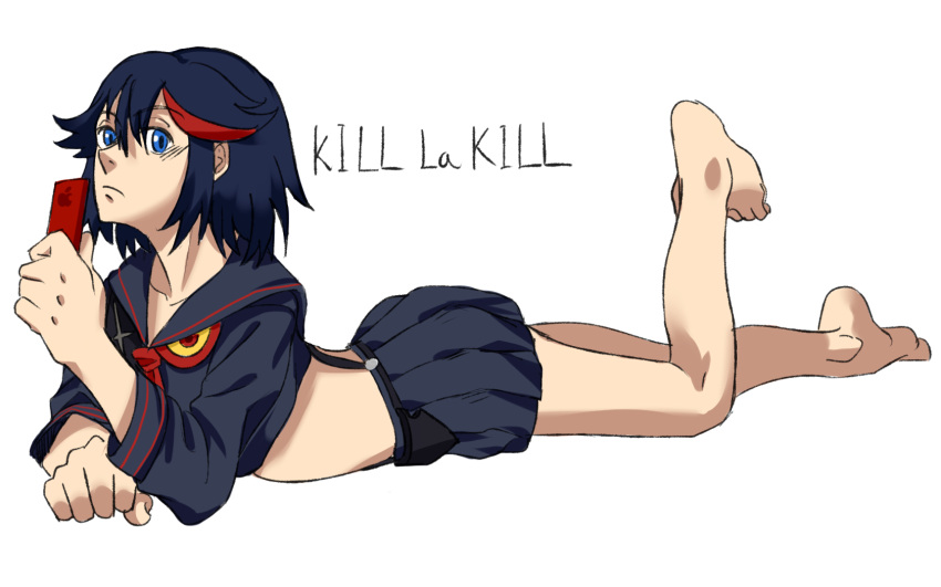1girl, barefoot, black_hair, blue_eyes, digital_media_player, highres, ipod, kill_la_kill