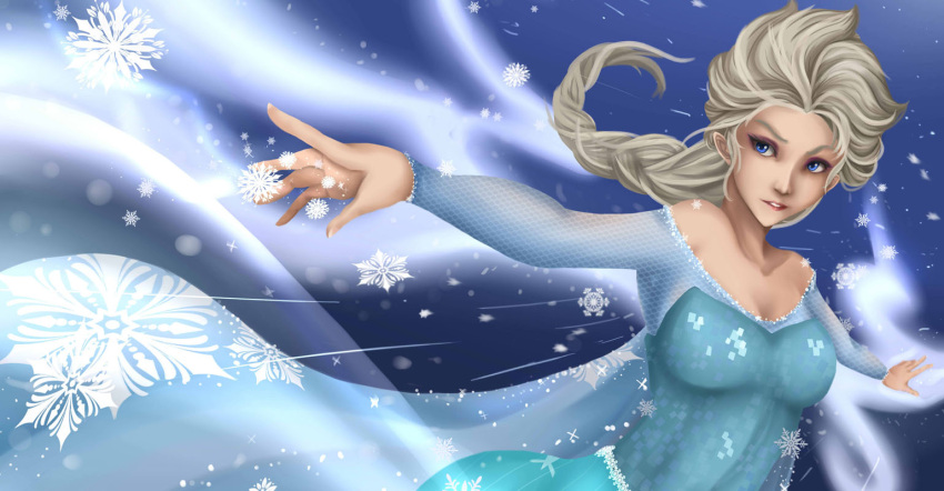 1girl, ari_rayoko, bare_shoulders, blonde_hair, blue_eyes, braid, dress, elsa_(frozen)
