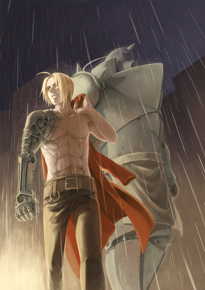 2boys, ahoge, alphonse_elric, armor, balthasar_(planet), blonde_hair, brothers, edward_elric, fullmetal_alchemist, gloves, highres, multiple_boys, night, rain, siblings, yellow_eyes