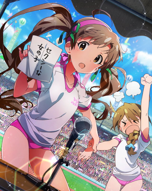 >_<, 2girls, baba_konomi, blush, borrowing_race, braid, brown_eyes, brown_hair