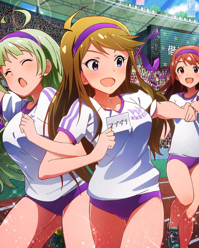 3girls, ahoge, blue_eyes, brown_eyes, brown_hair, buruma, green_hair, gym_uniform