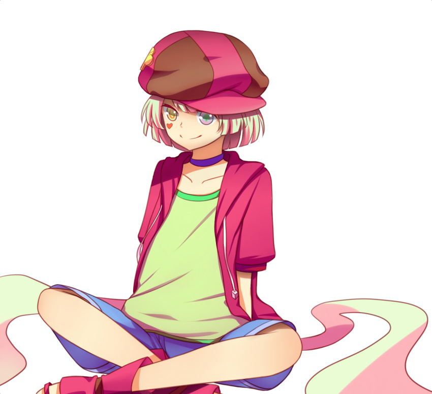 1boy, blonde_hair, hat, hoodie, indian_style, kui_sola, no_game_no_life, short_hair, shorts, sitting, smile, symbol-shaped_pupils, t-shirt, tet_(no_game_no_life)
