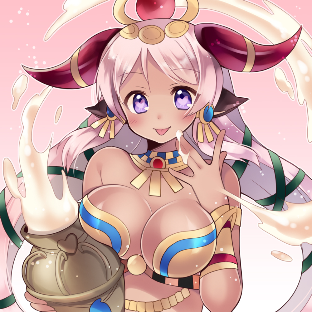 1girl, animal_ears, armlet, blush, breast_press, breasts, cleavage, cow_ears, dark_skin, egyptian, gradient, gradient_background, hair_ornament, hathor_(p&amp;d), heart, heart-shaped_pupils, holding, horns, jar, jewelry, kaki_s, large_breasts, light_particles, long_hair, looking_at_viewer, necklace, outline, pink_hair, puzzle_&amp;_dragons, smile, solo, symbol-shaped_pupils, tongue, tongue_out, violet_eyes