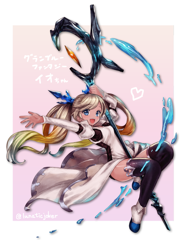 1girl, arm_up, blonde_hair, blue_eyes, boots, dress, granblue_fantasy, hair_ornament