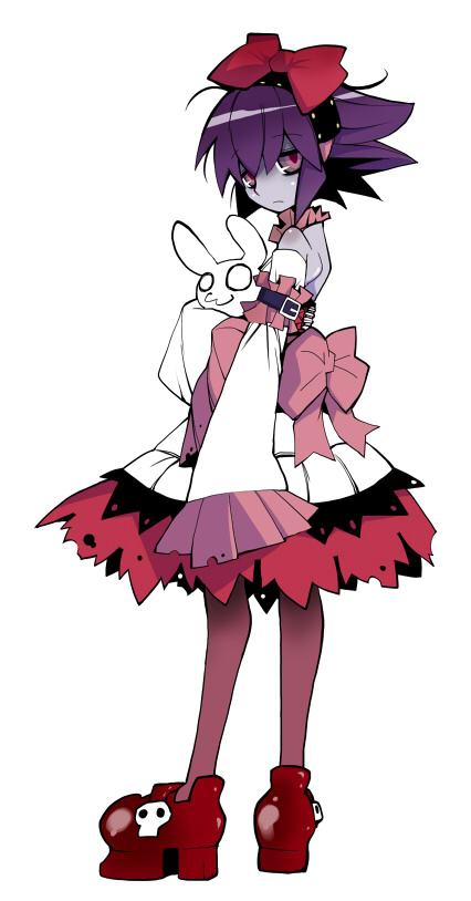 blue_hair, blue_skin, bow, dowman_sayman, dress, looking_back, pantyhose, purple_eyes, short_hair, stuffed_animal, stuffed_toy, violet_eyes, zombie