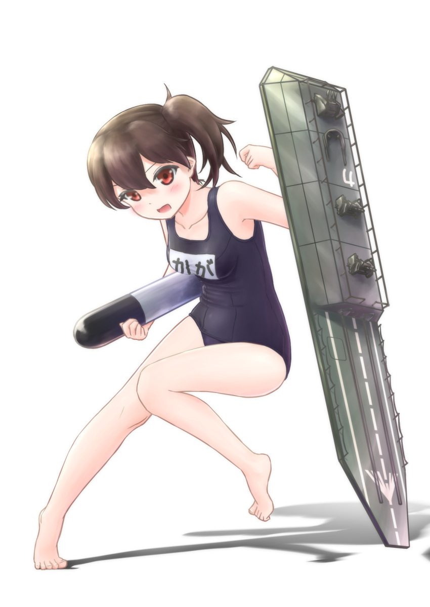 1girl, alternate_costume, blush, breasts, brown_hair, female, flight_deck, full_body, highres, holding, kaga_(kantai_collection), kantai_collection, one-piece_swimsuit, open_mouth, red_eyes, school_swimsuit, shadow, side_ponytail, simple_background, solo, swimsuit, terawamu, torpedo, white_background