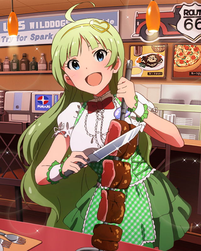 1girl, :d, ahoge, aqua_eyes, food, green_hair, hair_ornament, hairband