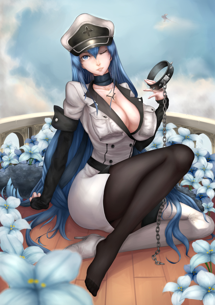 1girl, absurdres, akame_ga_kill!, arm_support, black_legwear, blue_eyes, boots, breasts, cleavage, clouds, collar, collarbone, esdeath, flower, hat, hei1905, highres, large_breasts, lips, looking_at_viewer, military, military_uniform, one_eye_closed, pantyhose, peaked_cap, single_shoe, sitting, sky, solo, spiked_collar, spikes, thigh-highs, thigh_boots, uniform