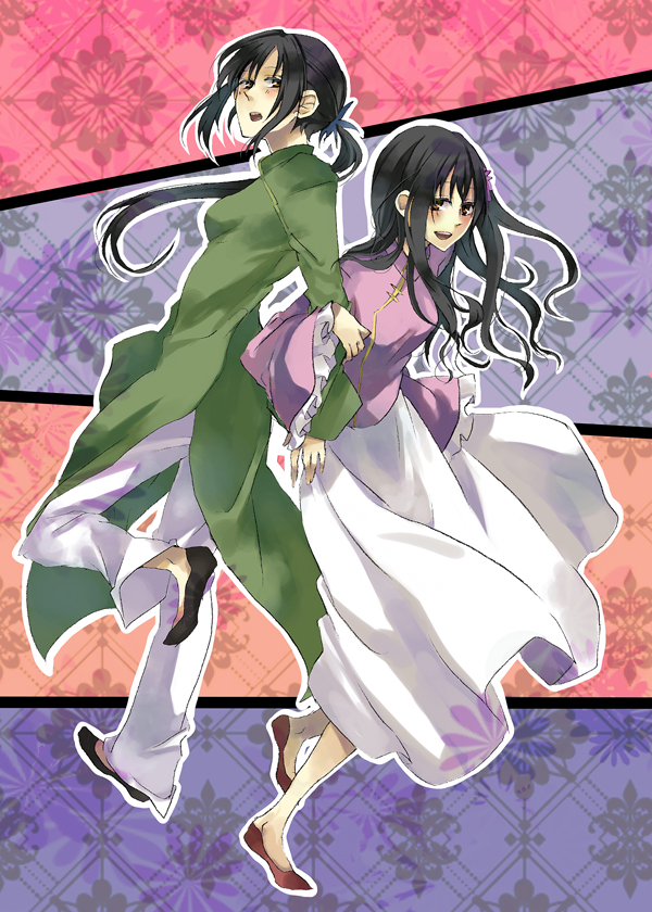 38page, arm_hug, arm_latch, axis_powers_hetalia, black_hair, brown_eyes, changpao, chinese_clothes, flats, flower, hair_flower, hair_ornament, long_hair, long_skirt, multiple_girls, ponytail, sumi_(38page), taiwan_(hetalia), vietnam_(hetalia), vietnamese_dress
