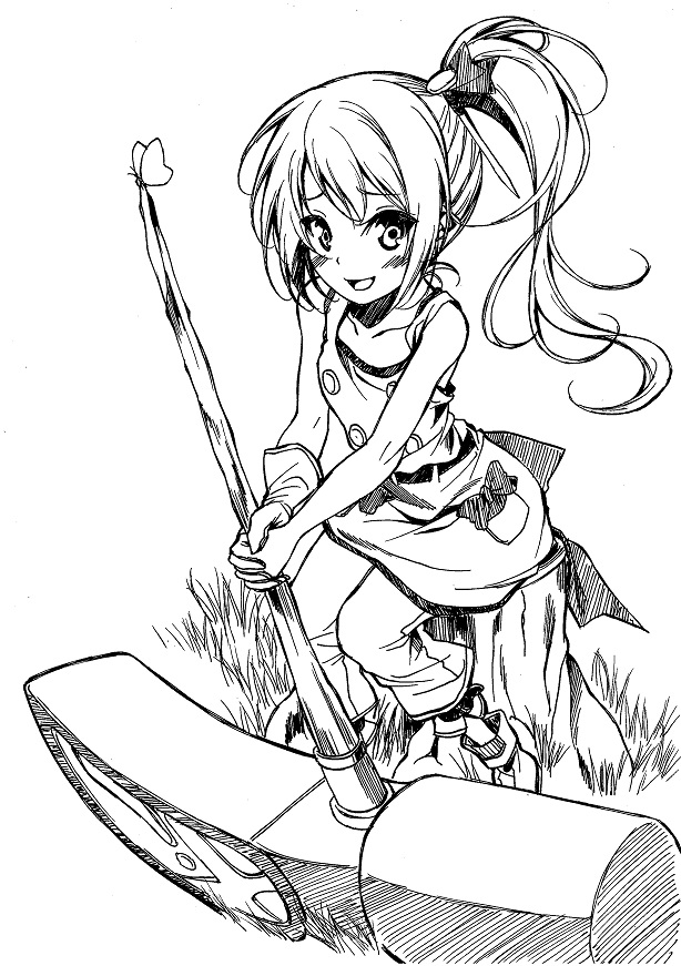 hammer, hammer_(ole_tower), monochrome, ole_tower, side_ponytail, tagme