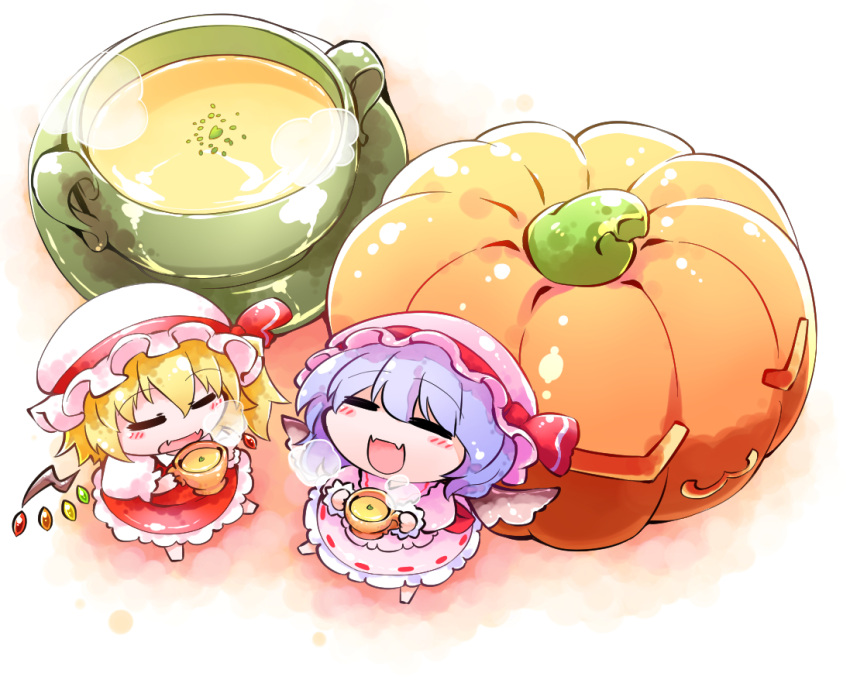 2girls, :3, b-q, bat_wings, blonde_hair, blue_hair, chibi, closed_eyes