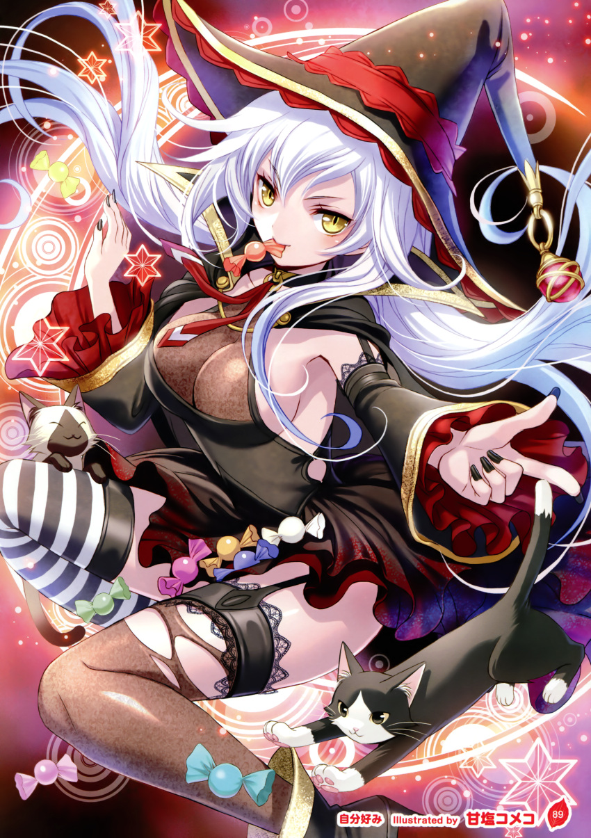 1girl, absurdres, amazio_komeko, black_legwear, breasts, candy, cape, cat