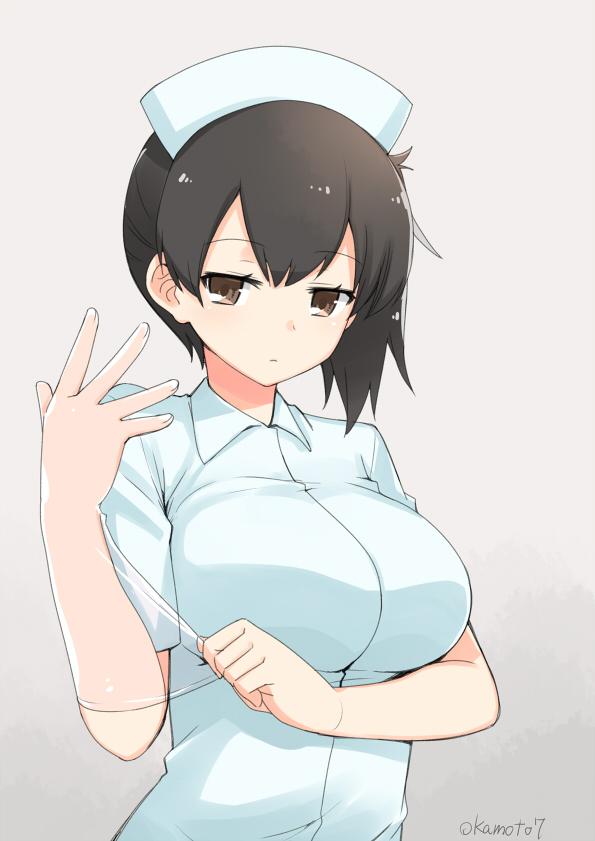 1girl, black_hair, breasts, brown_eyes, dress, female, gloves, hat, kaga_(kantai_collection), kamoto_tatsuya, kantai_collection, nurse, nurse_cap, short_hair, side_ponytail, simple_background, solo, transparent_gloves, twitter_username
