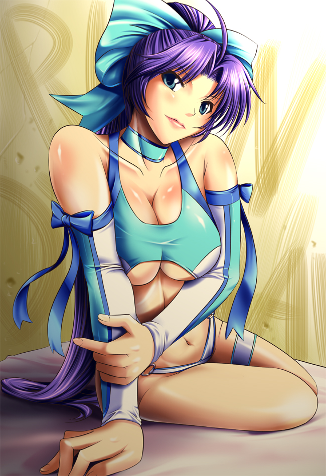 breasts, choker, cleavage, digdug006, dynamite_rin, hair_ribbon, large_breasts, leotard, long_hair, purple_hair, ribbon, sitting, solo, underboob, wreslte_angels, wrestle_angels, wrestle_angels_survivor, wrestle_angels_survivor_2