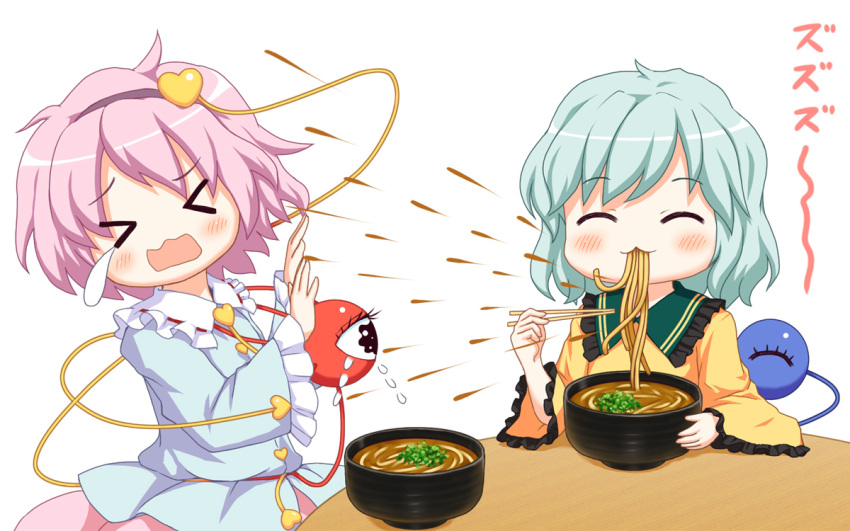 >_<, 2girls, ^_^, bebeneko, bowl, chopsticks, closed_eyes, eating