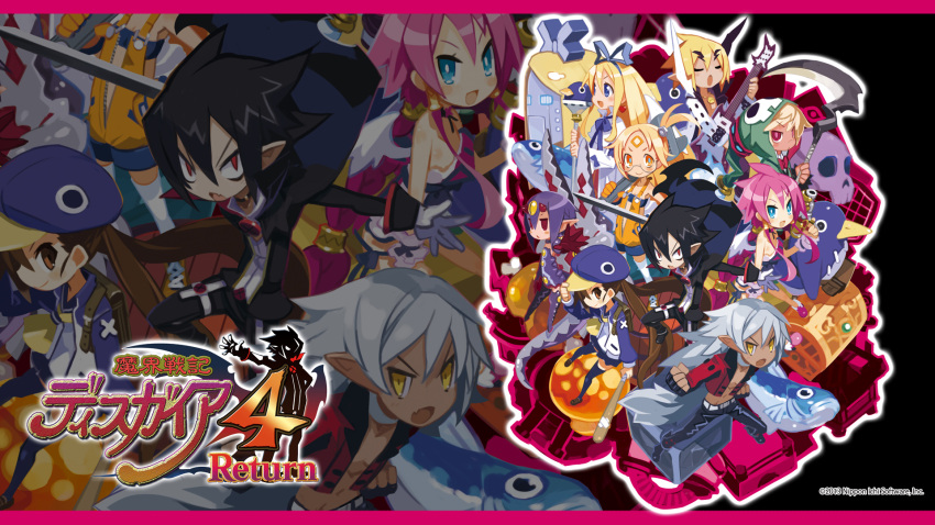 4boys, 5girls, akutare_(disgaea), black_hair, black_legwear, blue_eyes, bow, braid